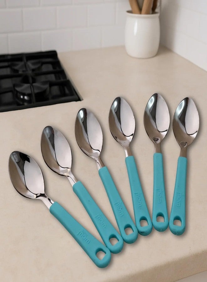 SUPERMOM Spoon Set for Kitchen 6 Pcs - Stainless Steel Tea Spoon with Comfortable Plastic Handle - Durable Rust-Resistant Spoon Set for Kids Cutlery, Tea, Coffee, Desserts Eating & Daily Dining (Blue) - Image 3